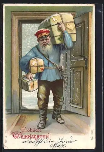 AK Expressbote mit weissem Bart und Paketen steht in der Tür, Weihnachtsgruss