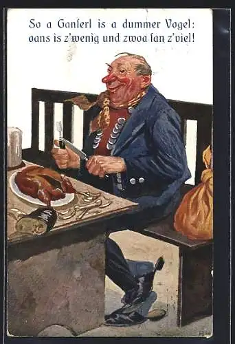 Künstler-AK Hans Hanke: Schwäbischer Bauer isst Gänsebraten
