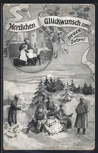 AK Soldaten in Uniformen mit Akkordeon im Schnee, Mutter mit zwei Kindern in der Stube, Neujahrsgruss