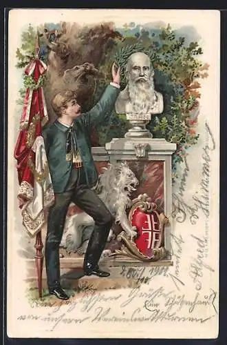 AK Deutscher Turnerbund, Büste von Turnvater Jahn, Turnerkreuz und Flagge