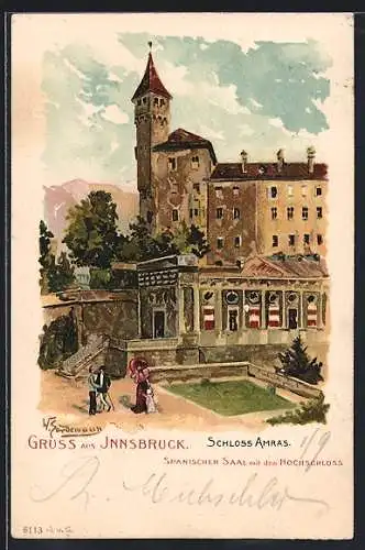 Lithographie Innsbruck, Schloss Amras, Spanischer Saal mit dem Hochschloss