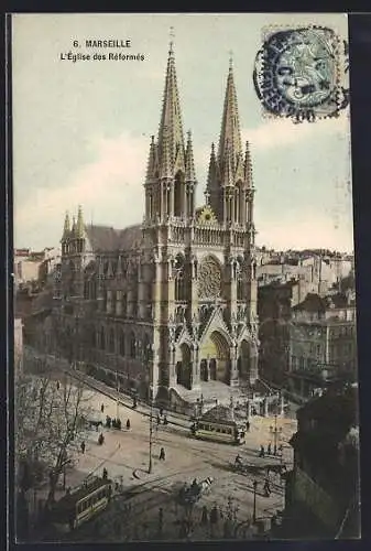 AK Marseille, L`Eglise des Reformes, Strassenbahn