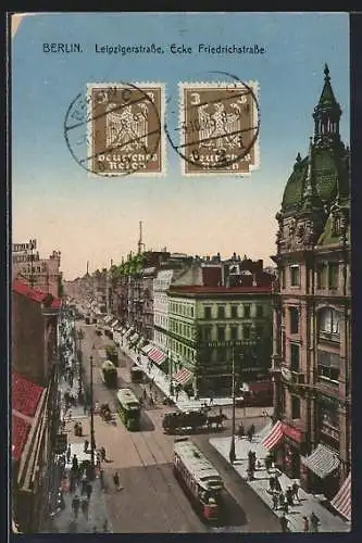 AK Berlin, Leipzigerstrasse Ecke Friedrichstrasse, Strassenbahnen