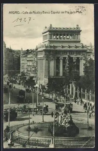 AK Madrid, Calle de Alcala y Banco Espanol del Rio de la Plata, Strassenbahn