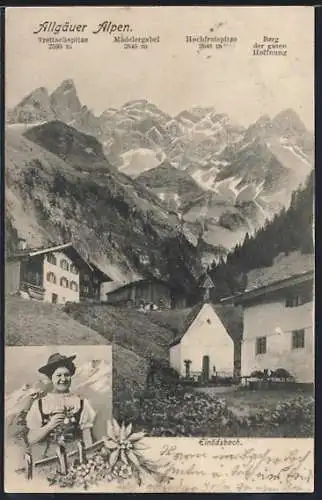 AK Einödsbach, Allgäuer Alpen mit Trettachspitze, Mädelergabel, Hochfrotspitze & Berg der guten Hoffnung, Frau in Tracht