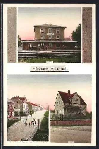 AK Hösbach, Bahnhof, Strassenansicht mit Geschäft von Josef Steigerwald, Bahnhof, Schule