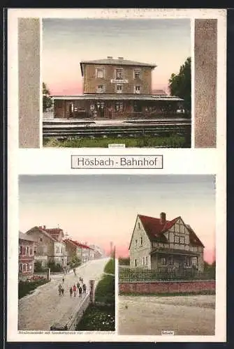 AK Hösbach, Bahnhof, Strassenansicht mit Geschäft von Josef Steigerwald, Bahnhof, Schule