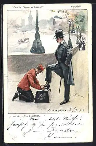 Künstler-AK London, Familiar Figures of London, The Schoeblack, Eleganter Herr und Schuhputzer