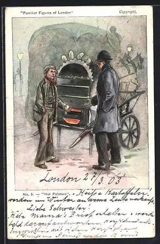 Künstler-AK London, Hot Potatoes, Mann kauft heisse Kartoffel, Familiar Figures of London