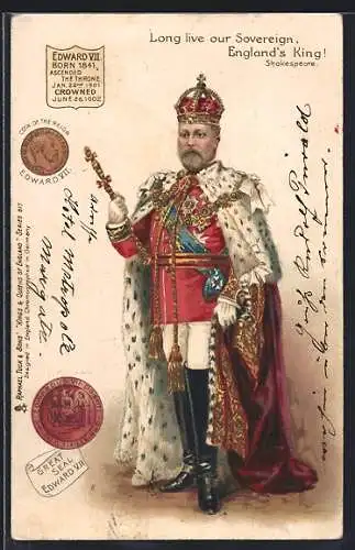 Lithographie Long live our Sovereign, Edward VII, Portrait, Seal, Coin of the Reign, Coronation 1902