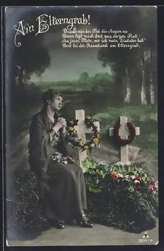 AK Am Elterngrab, betende Frau