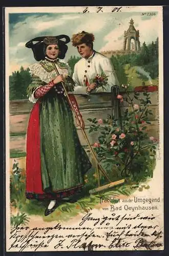 Lithographie Trachten aus der Umgebung von Bad Oeynhausen, Liebespaar am Gartenzaun