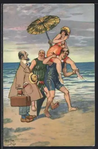 Künstler-AK Arthur Thiele: Ehemann überrascht Ehefrau im Strandurlaub beim Spiel mit zwei Herren
