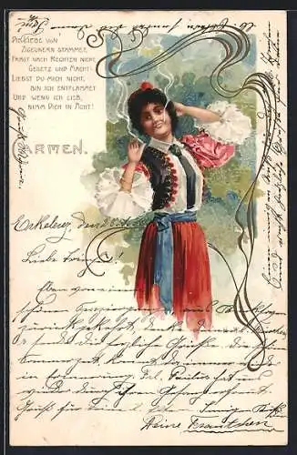 Lithographie Carmen, Portrait im Grünen, Jugendstil