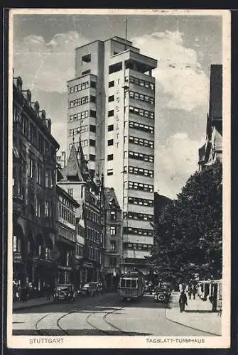 AK Stuttgart, Tagblatt-Turmhaus mit Strassenbahn