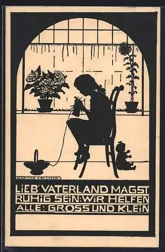 Künstler-AK Lieb Vaterland magst ruhig sein..., Strickendes Mädchen, Silhouette