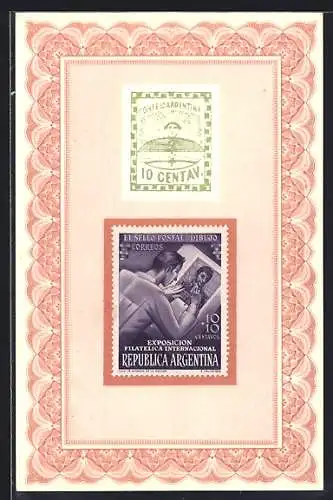 AK Republica Argentina, Zwei Briefmarken, Motiv Exposicion Filatelica Internacional, Ornament