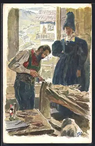 Künstler-AK Wolkenstein im Grödenerthal, Tiroler Mann in Tracht in einer Werkstatt