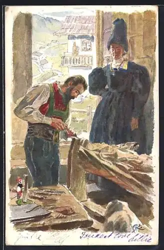 Künstler-AK Wolkenstein im Grödenerthal, Tiroler Mann in Tracht in einer Werkstatt