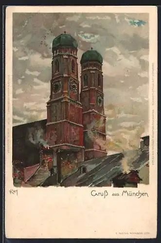 Künstler-Lithographie Heinrich Kley: München, Blick zur Frauenkirche