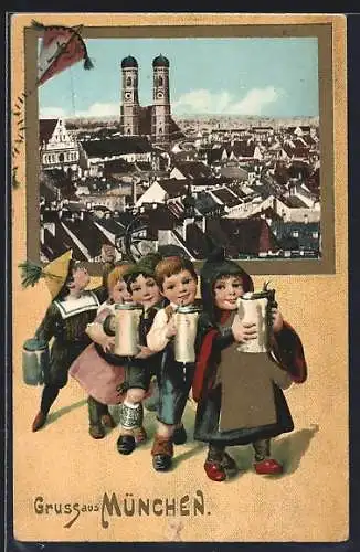 AK München, Frauenkirche, Münchner Kindl und Kinder mit Bierkrügen