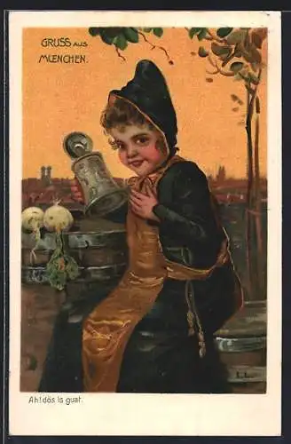 AK München, Münchnerkindl trinkt Bier