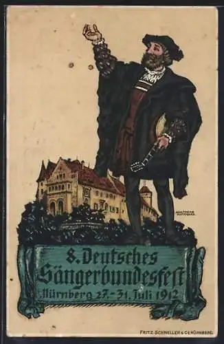 AK Nürnberg, 8. Deutsches Sängerfest 1912, Burg, Sänger mit Gitarre