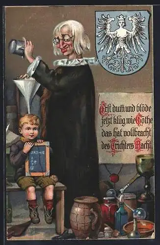 Künstler-AK Nürnberg, Erst dumm und blöde..., Lehrer mit Trichter und Schüler