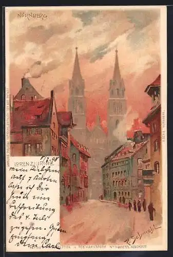 Künstler-AK P. Schmohl: Nürnberg, Strassenpartie mit Lorenzkirche