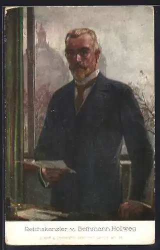 AK Reichskanzler von Bethmann Hollweg im Anzug steht am Fenster