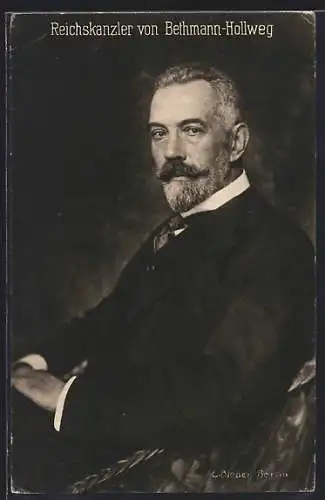 AK Reichskanzler von Bethmann-Hollweg, Portrait, rückseitig Logo Reichsverband zur Unterstützung dt. Veteranen