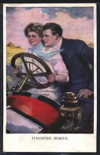 Künstler-AK Clarence F. Underwood: Fliegende Herzen, Paar im Automobil