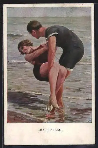 Künstler-AK M. Munk Nr. 1124: Krabbenfang, Verliebtes Paar am Meer