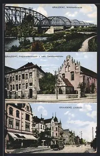 AK Graudenz / Grudziadz, Blick auf Weichselbrücke, Präparandenanstalt u. Garnisonskirche, Lindenstrasse m. Strassenbahn