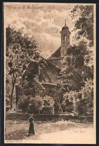 Künstler-AK Klein-Machnow, Idyll an der Kirche