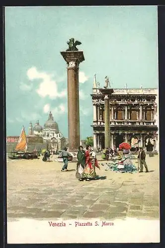 AK Venezia, Piazzetta S. Marco, Passanten füttern Tauben