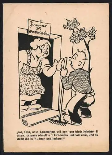 AK Vermieterin meint zu Mann, da Gast ein frisches Ei will, soll er im Garten gackern, während sie Ei im HO-Laden holt