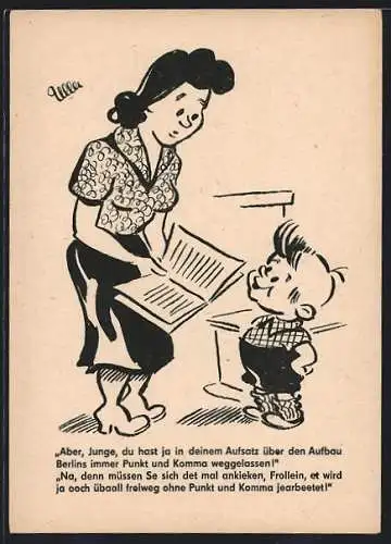 Künstler-AK Berliner Zeitung, Du hast ja in deinem Aufsatz über den Aufbau Berlins immer Punkt und Komma weggelassen!