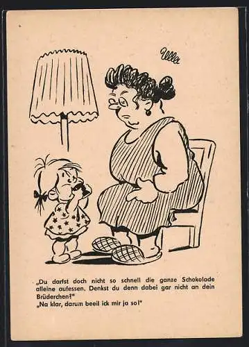 Künstler-AK Berliner Zeitung, Du darfst doch nicht so schnell die ganze Schokolade alleine aufessen...