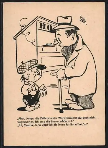 Künstler-AK Berliner Zeitung, Aber, Junge, die Pelle von der Wurst brauchst du doch nicht wegzuwerfen...