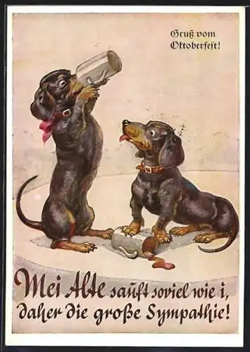 Künstler-AK München, Oktoberfest, Zwei Dackel trinken Bier