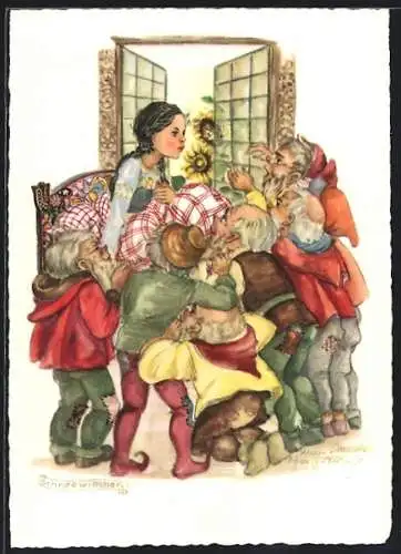 Künstler-AK Schwarz-Torino: Schneewittchen, Zwerge stehen an Schneewittchens Bett
