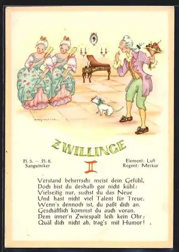 AK Sternzeichen Zwillinge, Mann ist verblüfft über Zwillinge, mit Gedicht