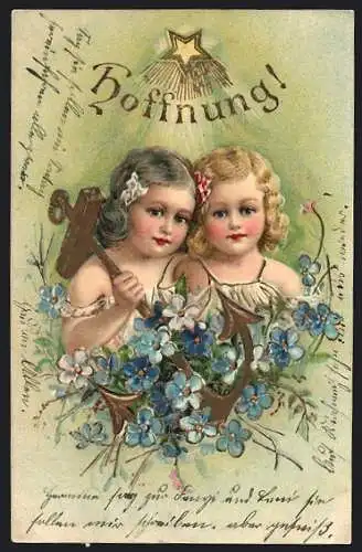 AK Hoffnung!, Kinder mit Anker und Vergissmeinnicht, Allegorie