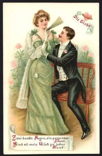 Lithographie Die Liebe - Festlich gekleidetes Liebespaar, Gedicht