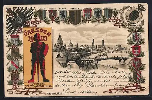 Lithographie Dresden, Deutsche Städte-Ausstellung 1903, Stadtansicht, Wappen verschiedener Städte, Ritter