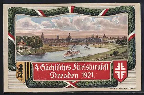 Künstler-AK Dresden, 4. Sächsisches Kreisturnfest 1921, Blick vom Waldschlösschen