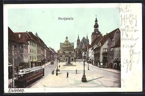 AK Eisleben, Marktplatz mit Geschäften und Strassenbahn