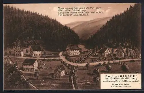 Künstler-AK Lütsche, Ortsansicht aus alter Zeit