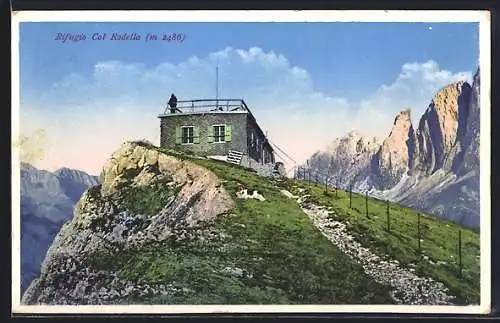 AK Rifugio sul Col Rodella col Catinaccio e Sassolungo, Berghütte mit Besucher